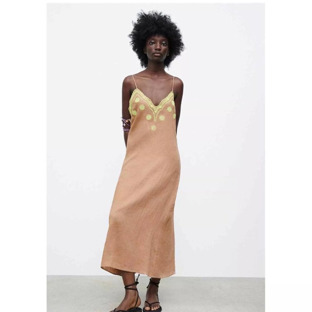 Zara Linen Maxi Tan Brown Neon Green Eyelets Embroidery NWT Sz XS